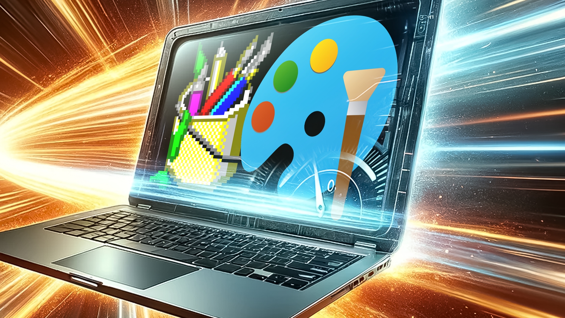 A laptop with a paint and a paintbrush on the screen.