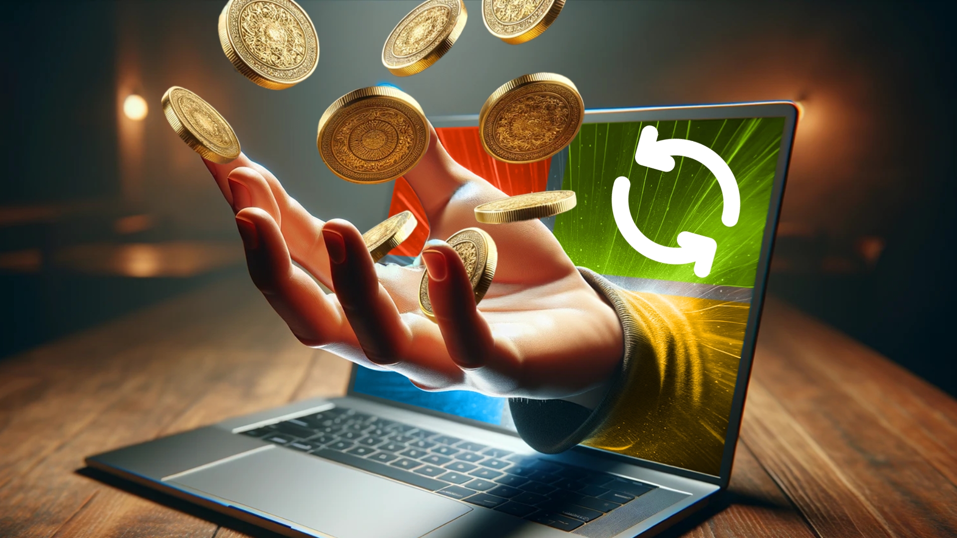 A hand coming out of a laptop with gold coins falling on his hand.