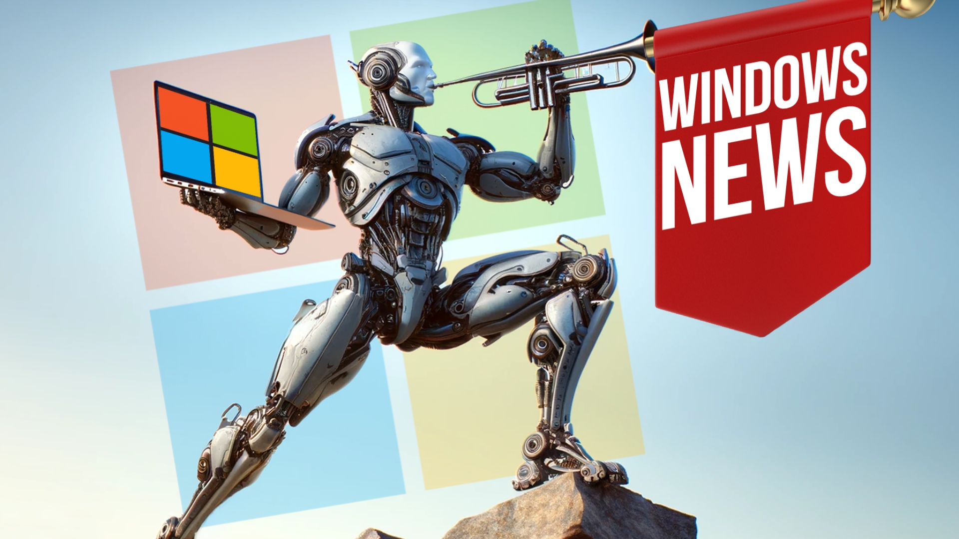 A robot with a trumpet and holding a laptop with windows colors.