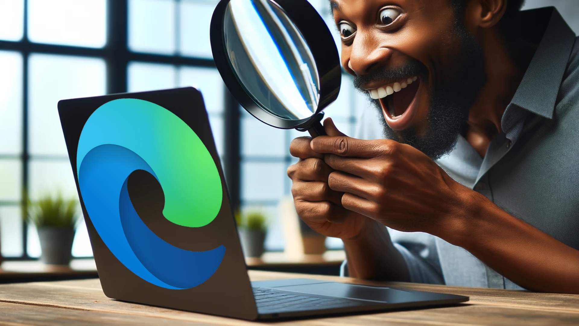 A man with a magnifying glass on a laptop with microsoft edge logo.
