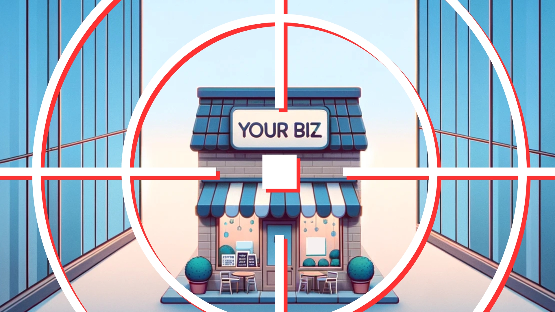 A small shop with a your biz sign with a big cross hairs.