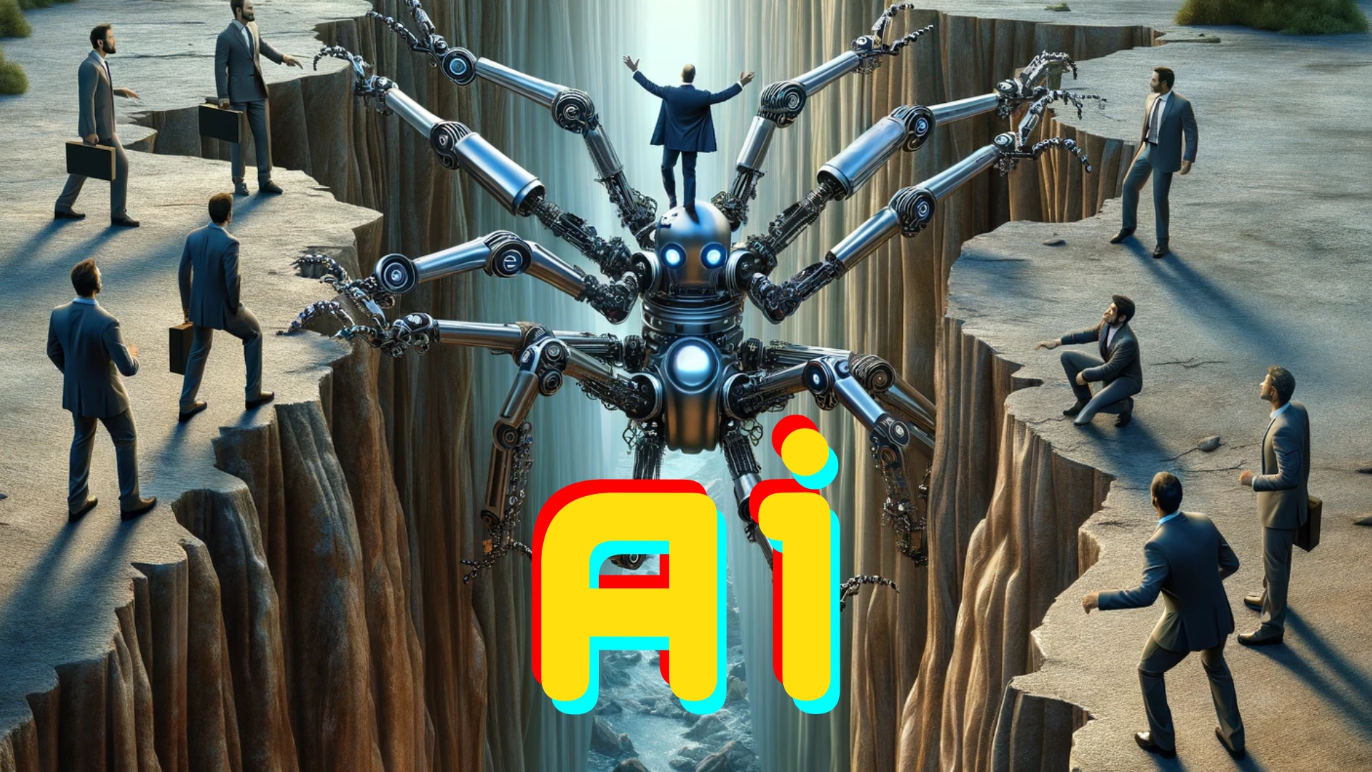 A multi legged robotic insect hold ai in big letters.