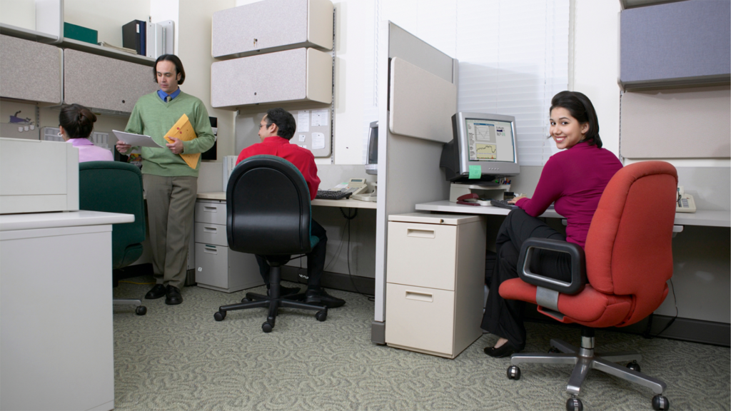 An image of government workers in an office using computers.
