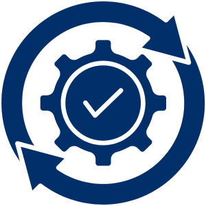 Two arrows circling a gear with a check mark in the middle.
