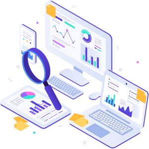 Icon of computers and mobile devices with a magnifying glass depicting inspection and security.