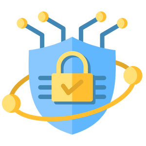 Icon of a shield with a gold lock with two circles orbing it.