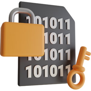 Icon of 1s and 0s depicting encryption with a lock and key.