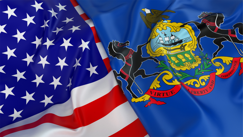 An image of the us flag and pennsylvania flag side by side.