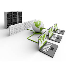 Icon of a network with a firewall and servers.