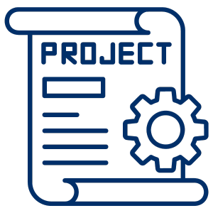 A blue icon of a scroll saying project with a gear.