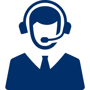 Blue icon of a technician wearing a headset.