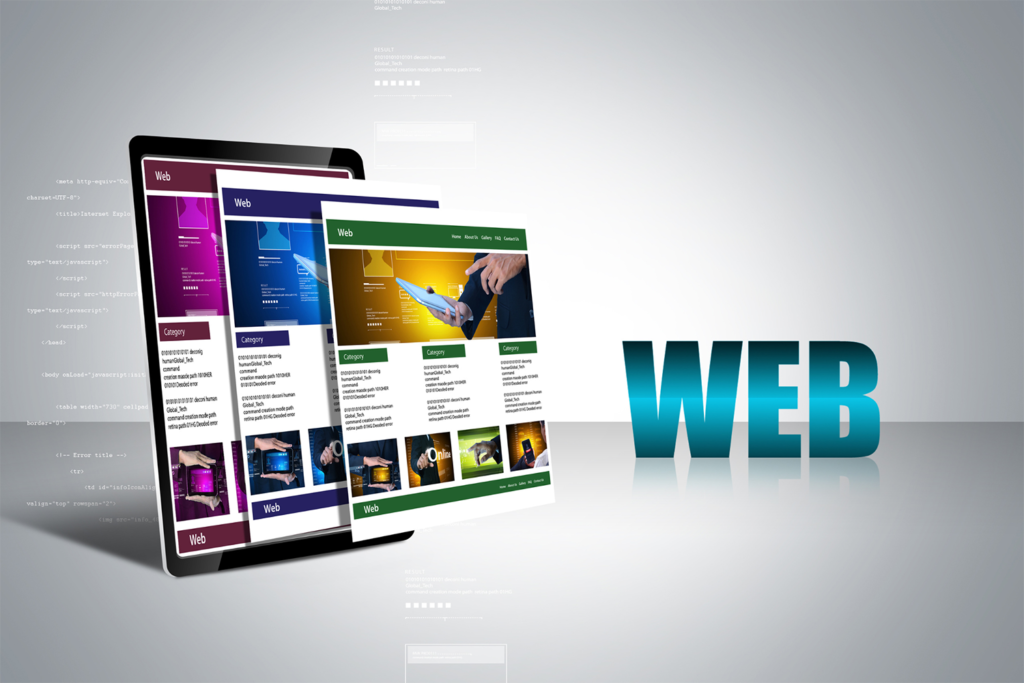 A tablet with landing pages and web written in the background.