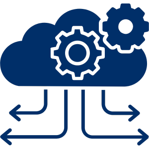 A blue cloud icon with arrows at the bottom and two gears.