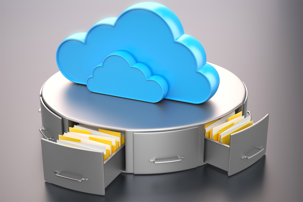 A cloud on a filing cabinet with drawers open.