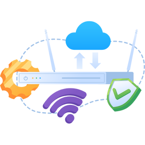 An icon of a router with a cloud, a gear, a wi-fi symbol, and a shield.