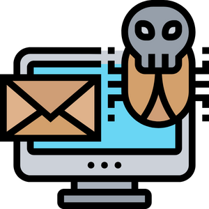 Icon of a computer with an email on the left and a symbol of malware on the right.