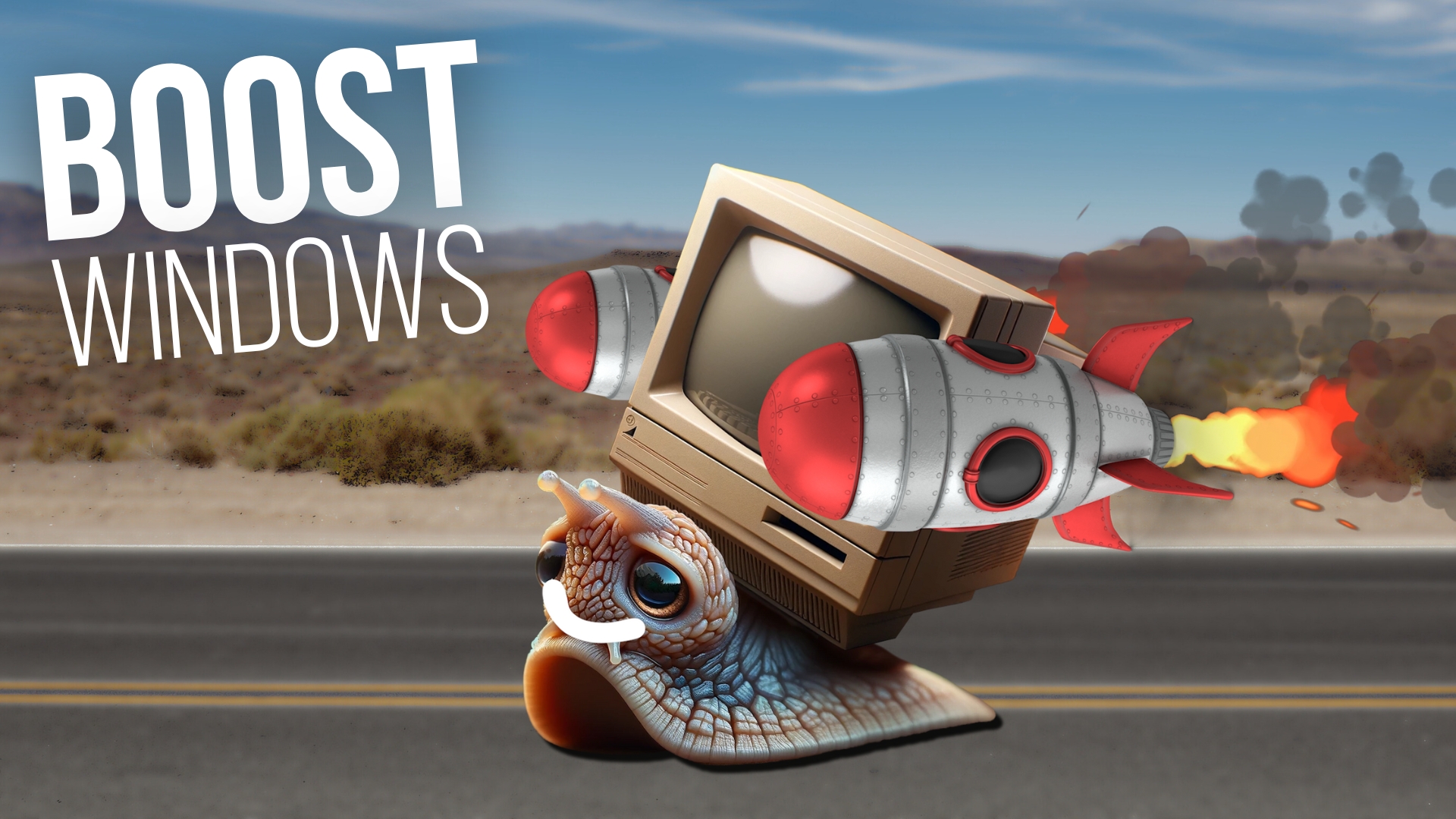 A snail on a road with a monitor on top and two rockets on the said with boost windows in big letters.