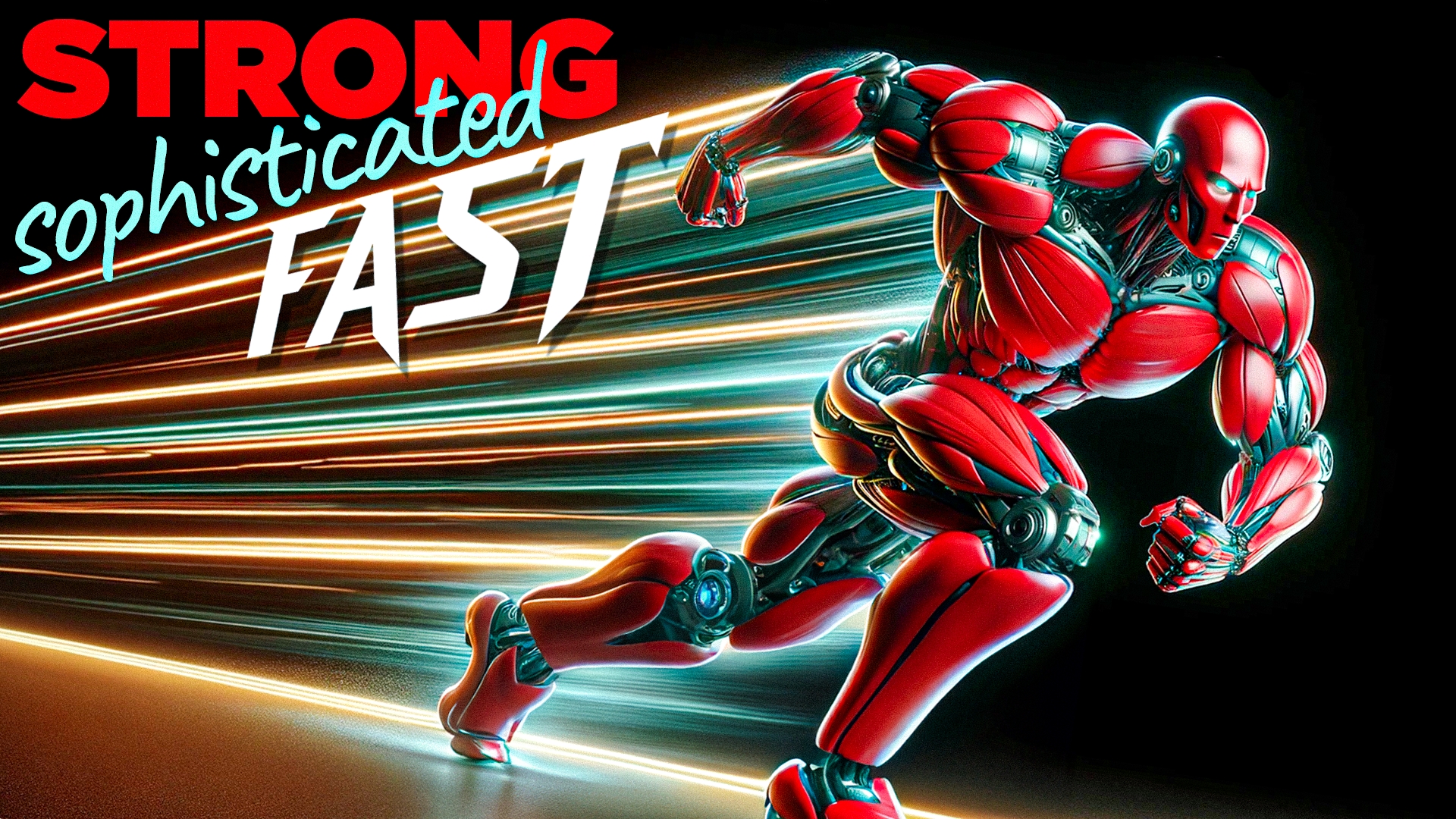 A red robot running really fast with the words, strong, sophisticated, and fast in the background.