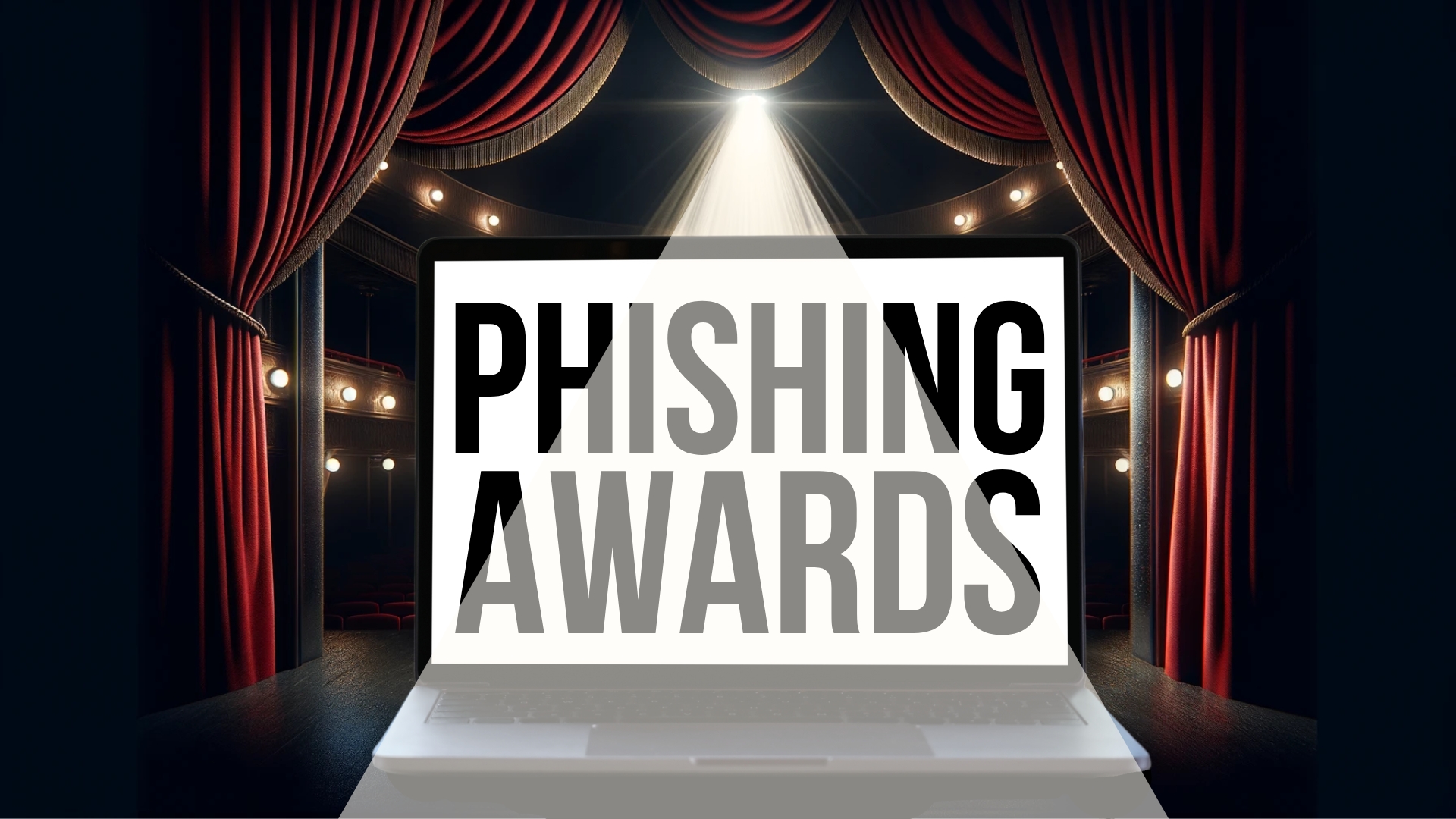A theater with shinning lights on a white board with phishing awards in the middle.