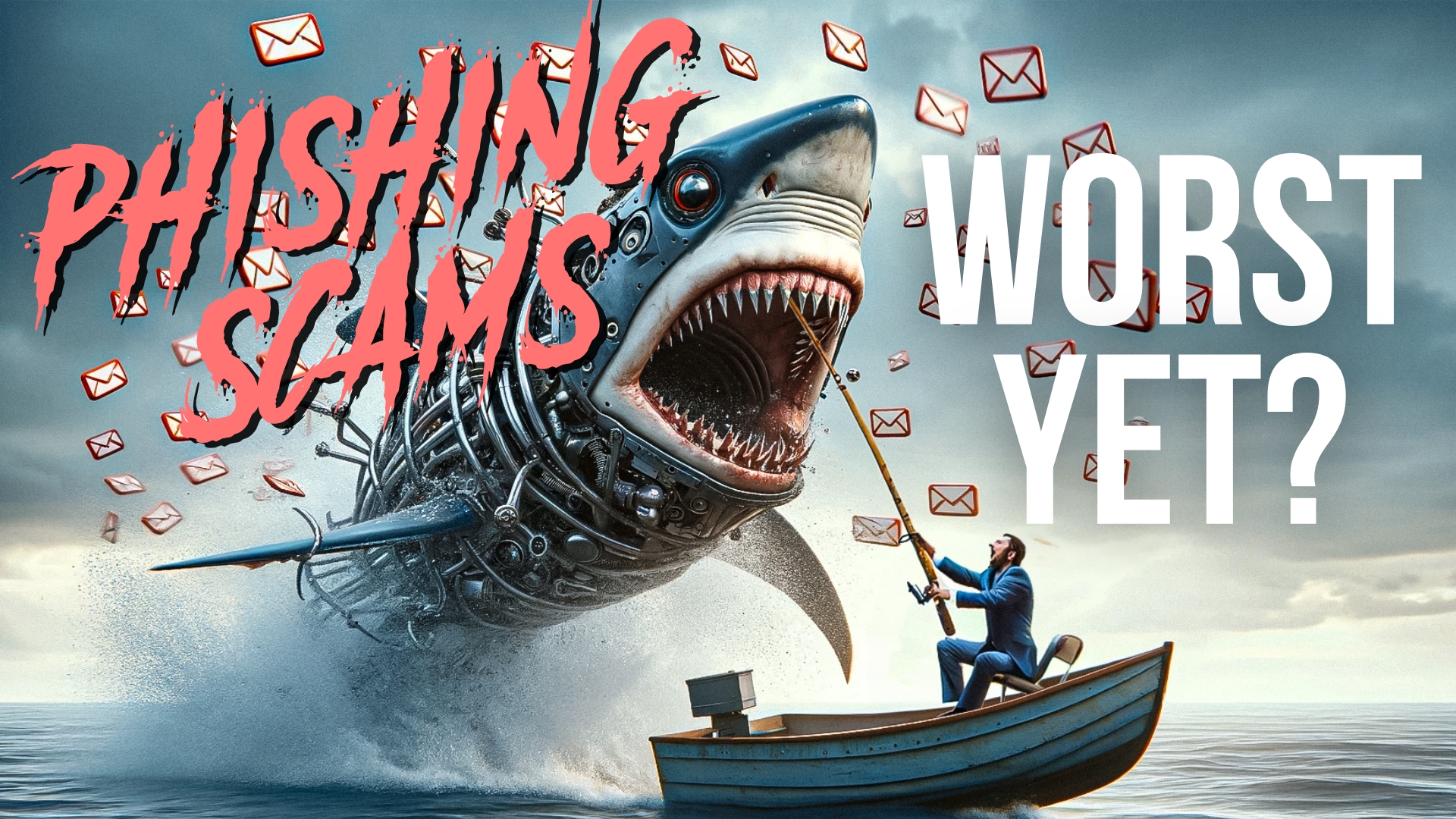 A shark over the water about to land on a fishing boat with the words phishing scams worst yet in the background.