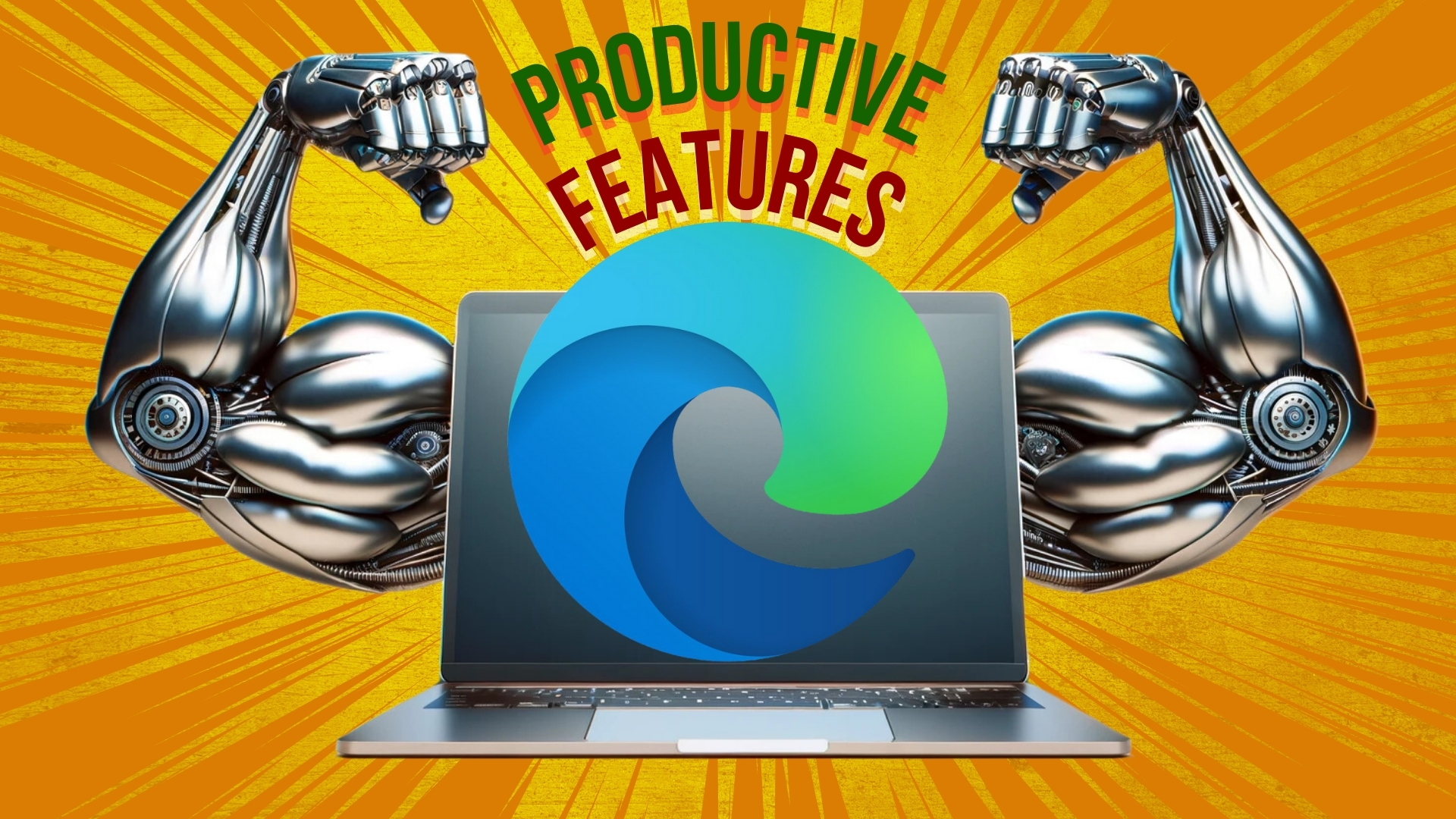 Two muscular arms coming out of a laptop with the microsoft edge logo.