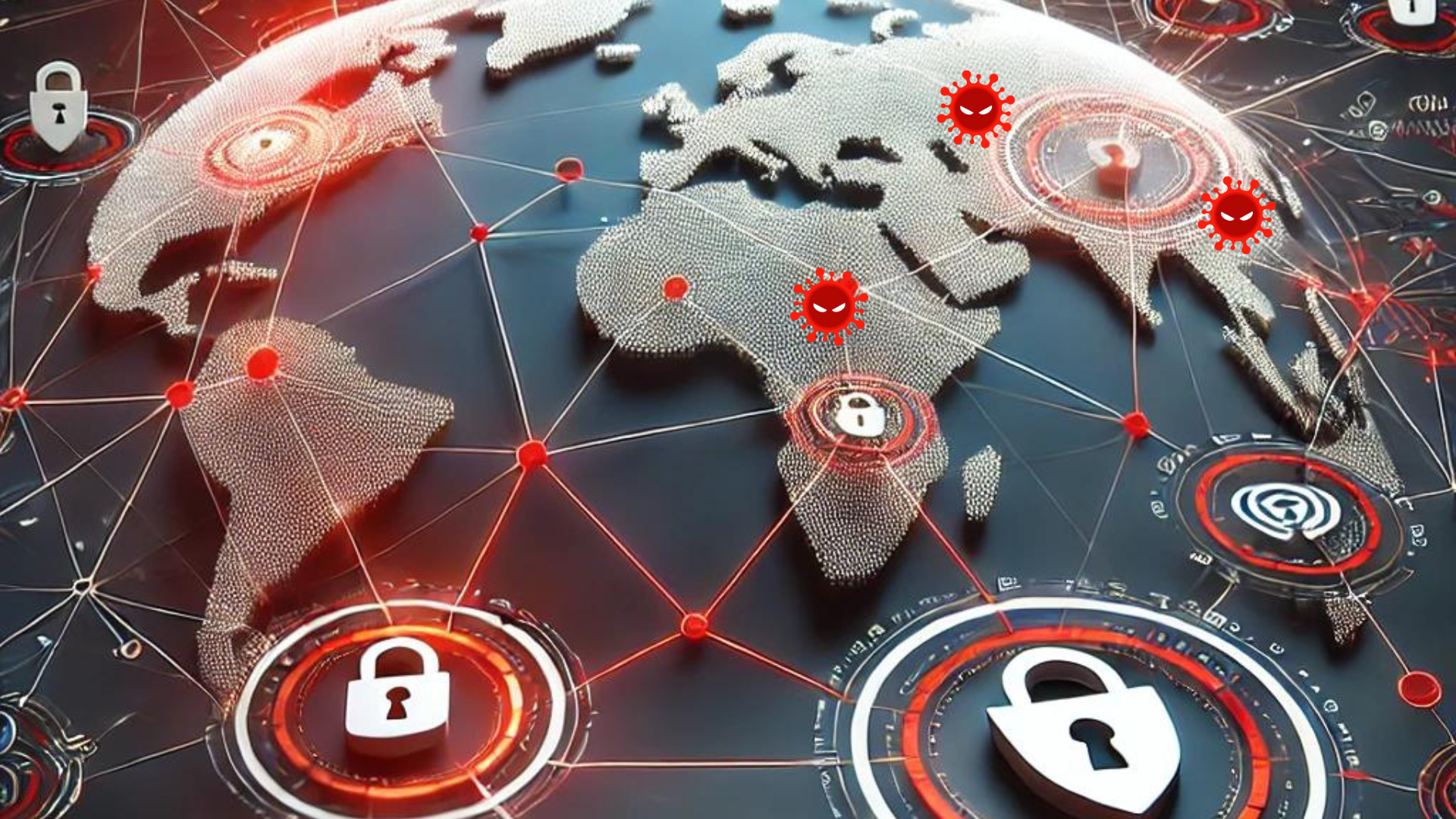 A world with interconnected lines and nodes highlighted in red, including subtle elements like a shield to represent security.