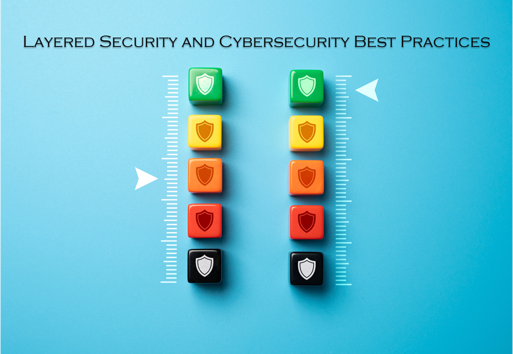 Layered cybersecurity on a blue background.