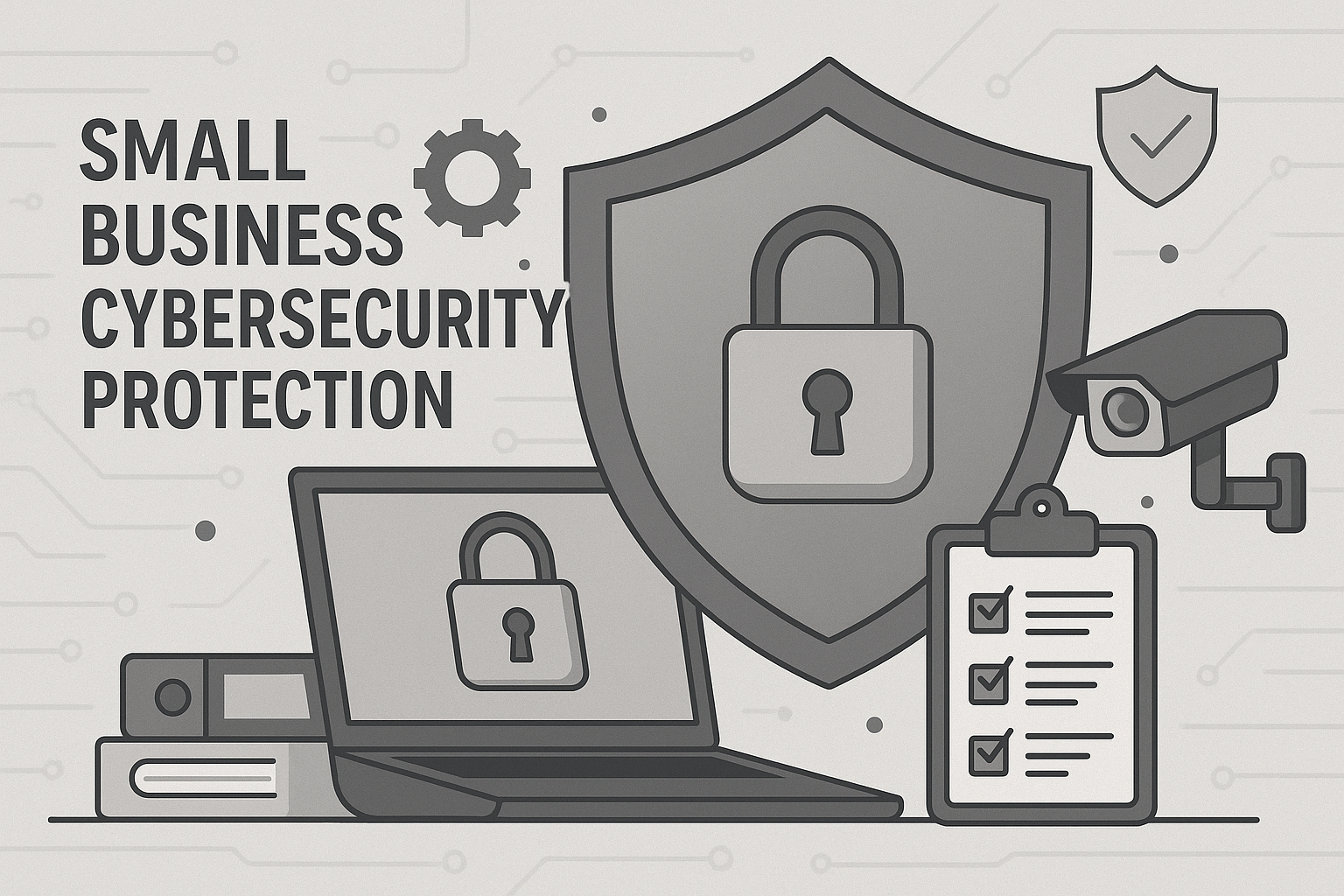 Illustration of cybersecurity protection for small businesses, featuring a shield with a padlock, laptop, surveillance camera, and checklist, emphasizing defense against ai-driven cyber threats.