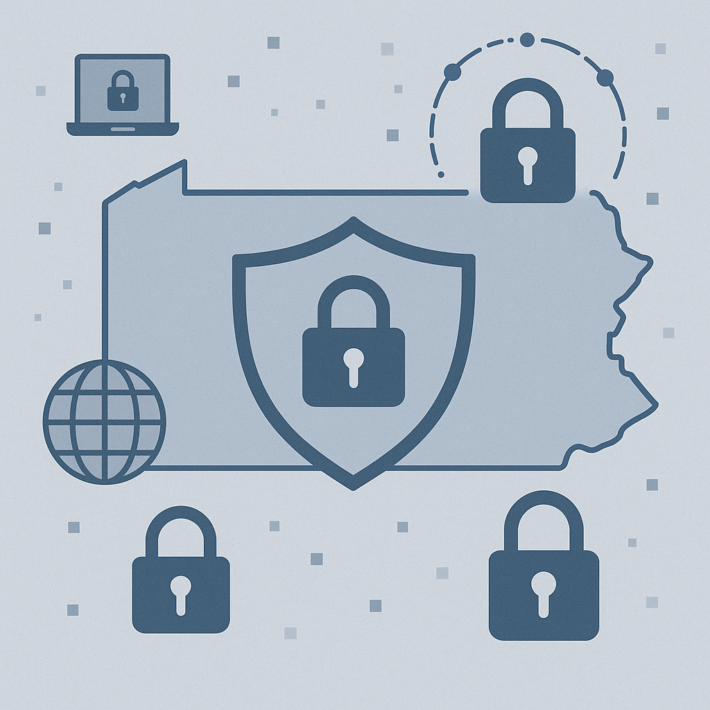 The state of pennsylvania on a grey background with cybersecurity icons representing cyber attacks.