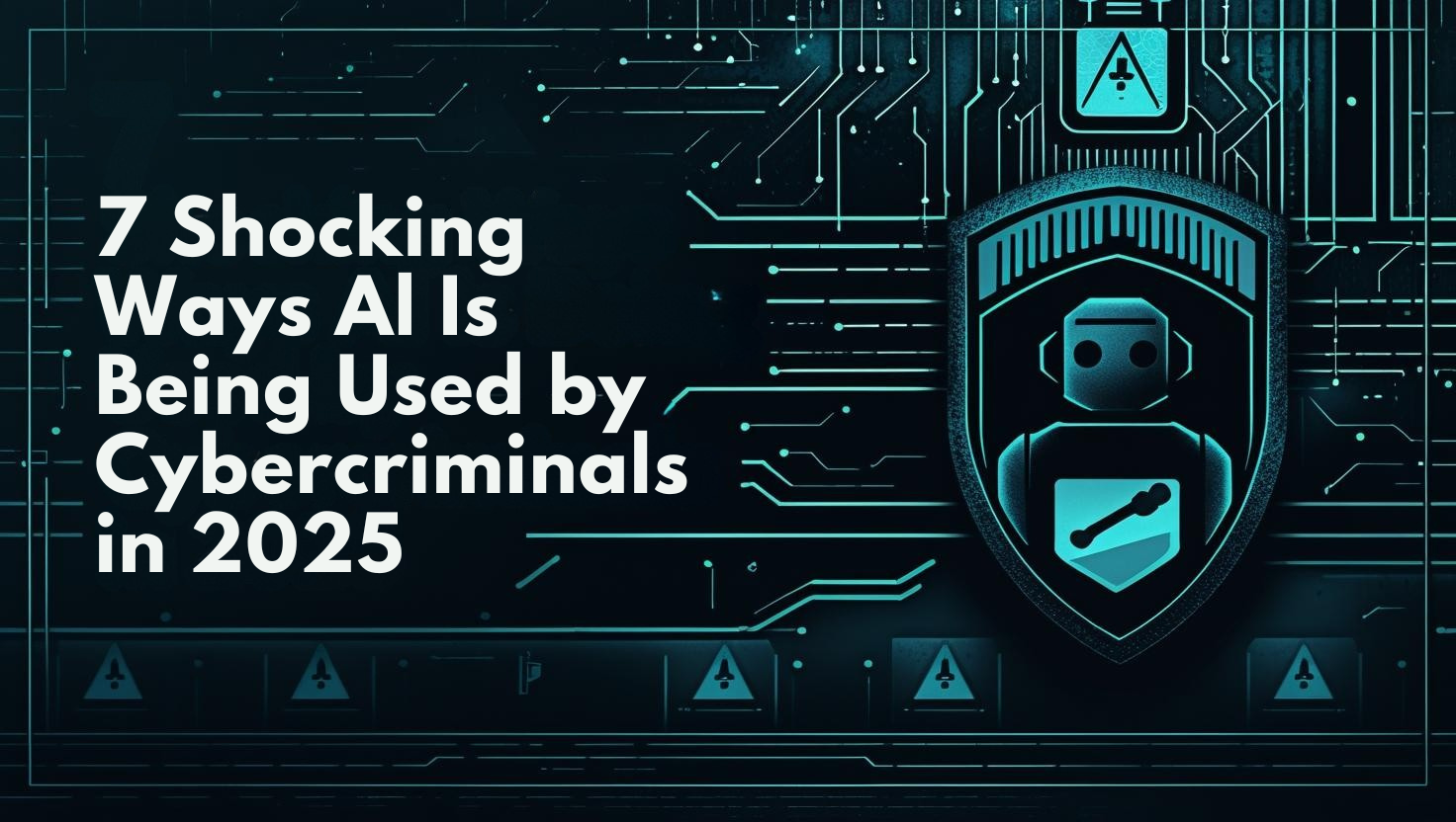 A title of 7 shocking ways ai is being used by cybercriminals in 2025, on a green and black background with a depiction of a shield.