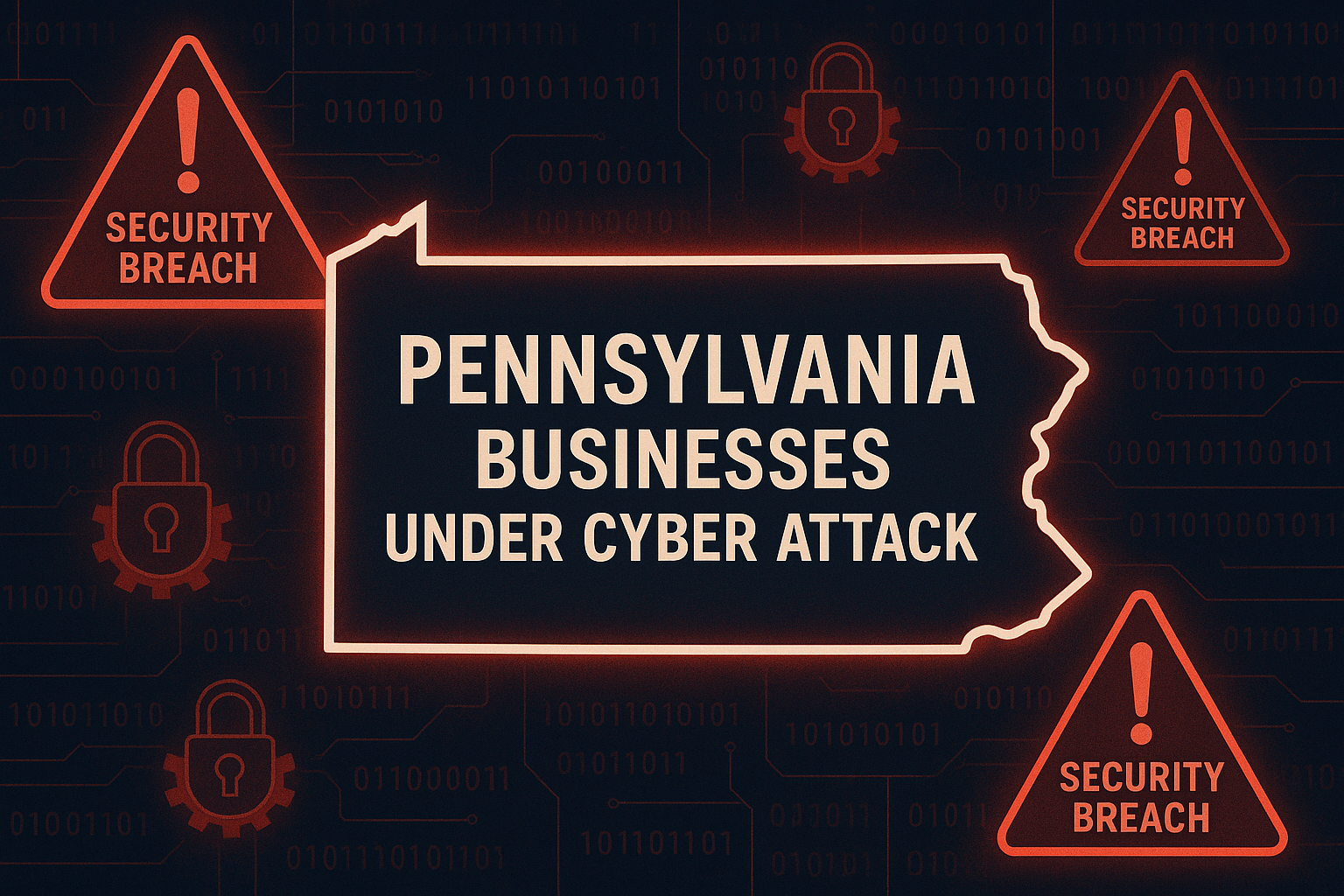 The state of pennsylvania on a red background with pennsylvania businesses under cyber attack in the middle.