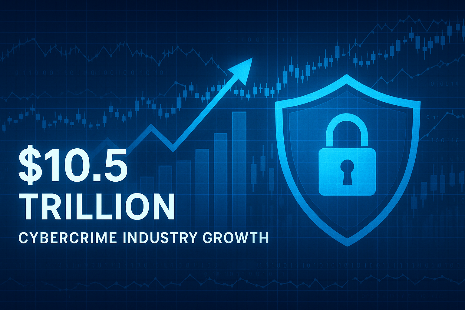 A graph of the cybercrime industry climbing to 10. 5 trillion, with a shield for cybersecurity.
