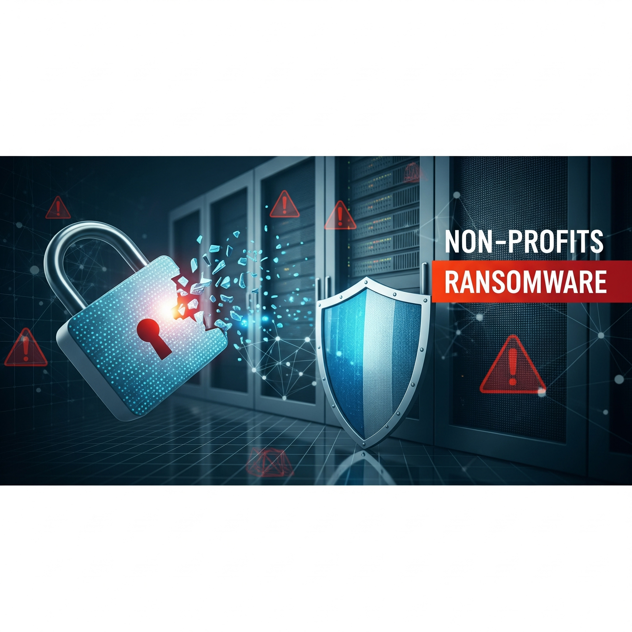 A breaking digital padlock and a cybersecurity shield in front of server racks, with warning signs, representing ransomware threats and protection for non-profits.