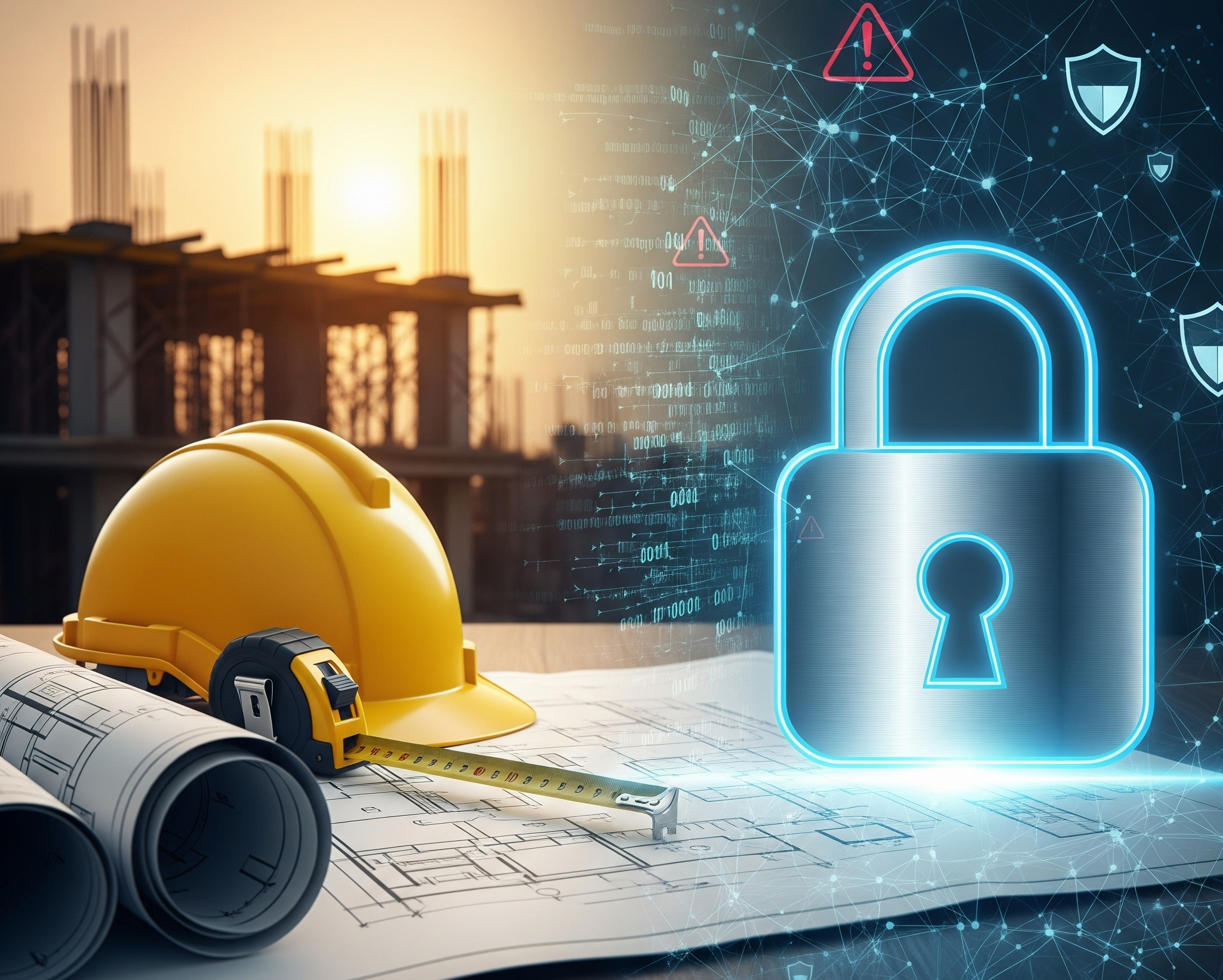 A construction blueprint with a hard hat, tape measure, and a glowing digital padlock, symbolizing cybersecurity protection for construction businesses against threats like ransomware.
