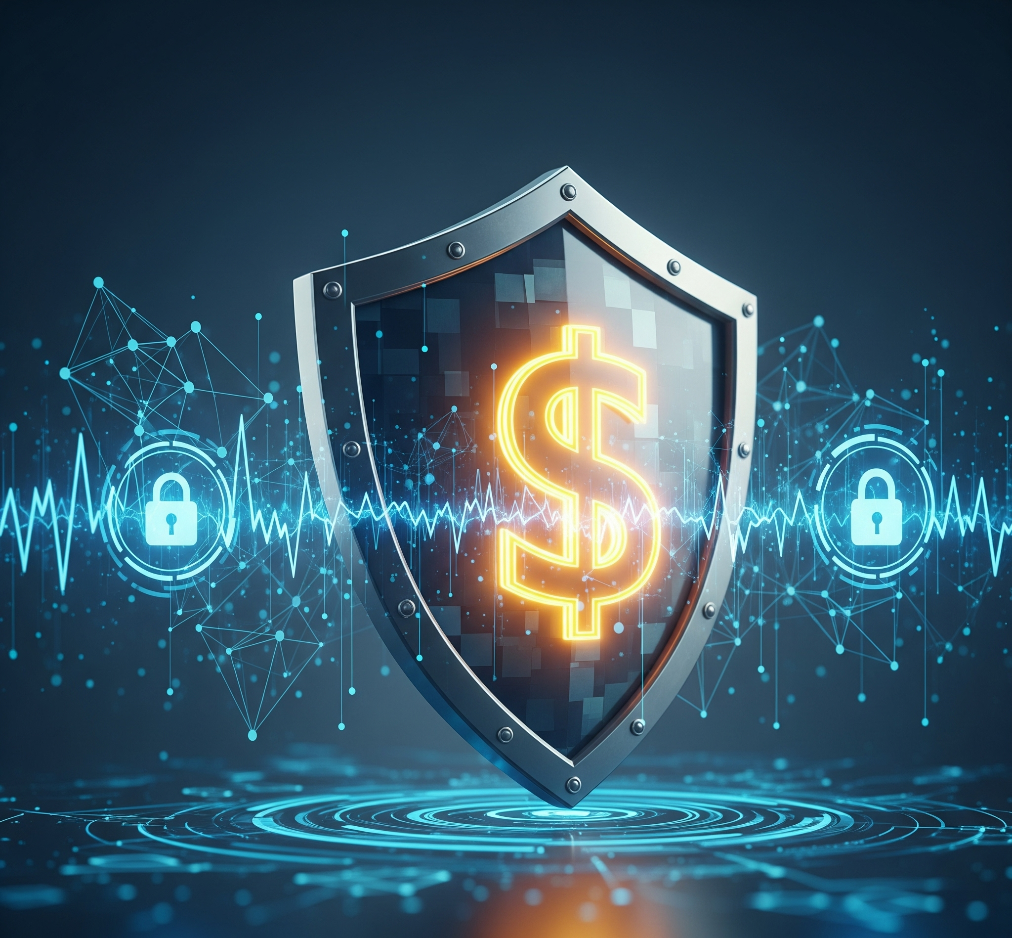 A metallic shield protecting a glowing golden dollar sign, surrounded by a subtle blue digital network with pulsing lines and padlock icons, representing cybersecurity and financial security.