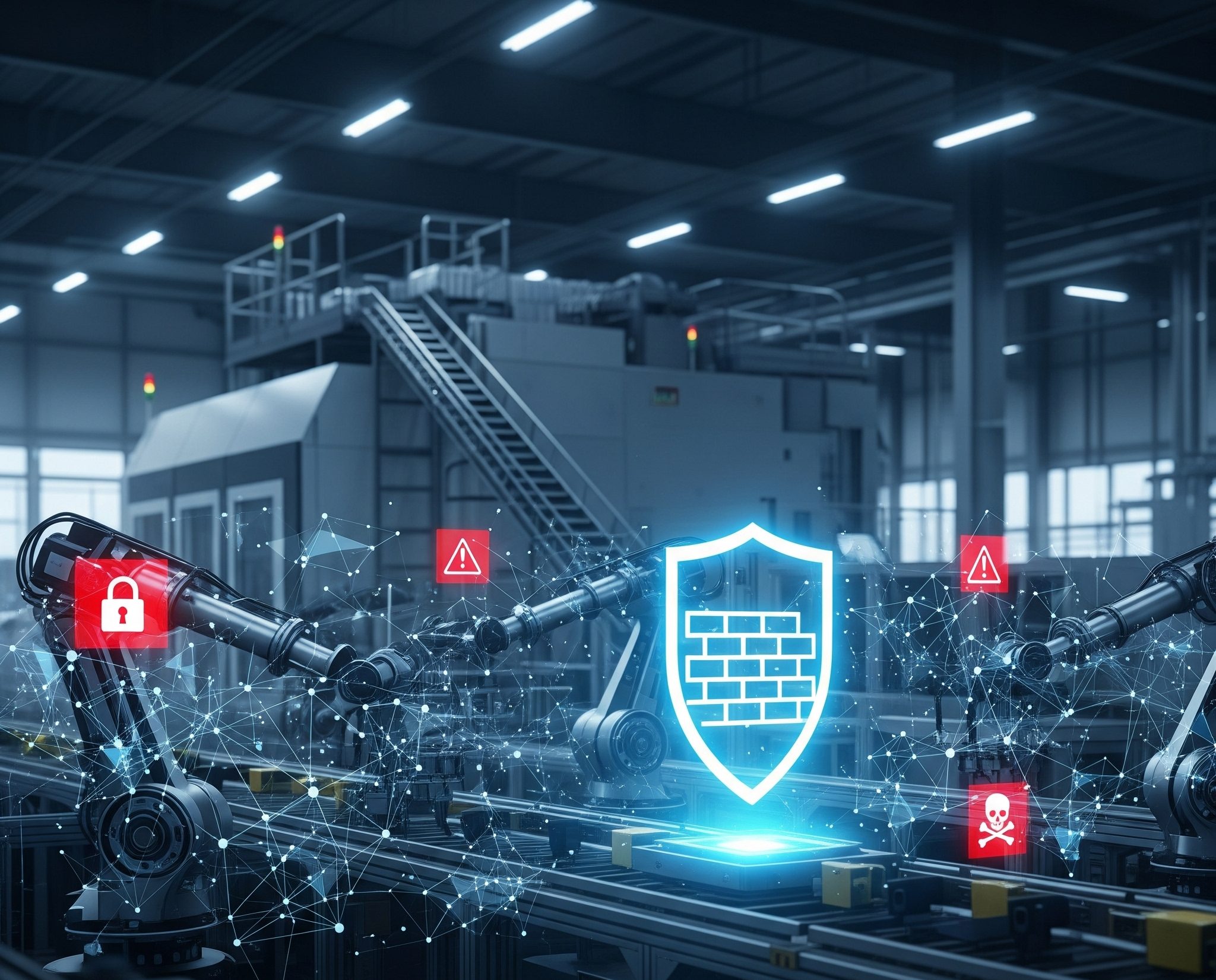 Industrial robotic arms on a factory floor with a glowing blue cybersecurity shield and red warning icons, symbolizing protection against digital threats in manufacturing.