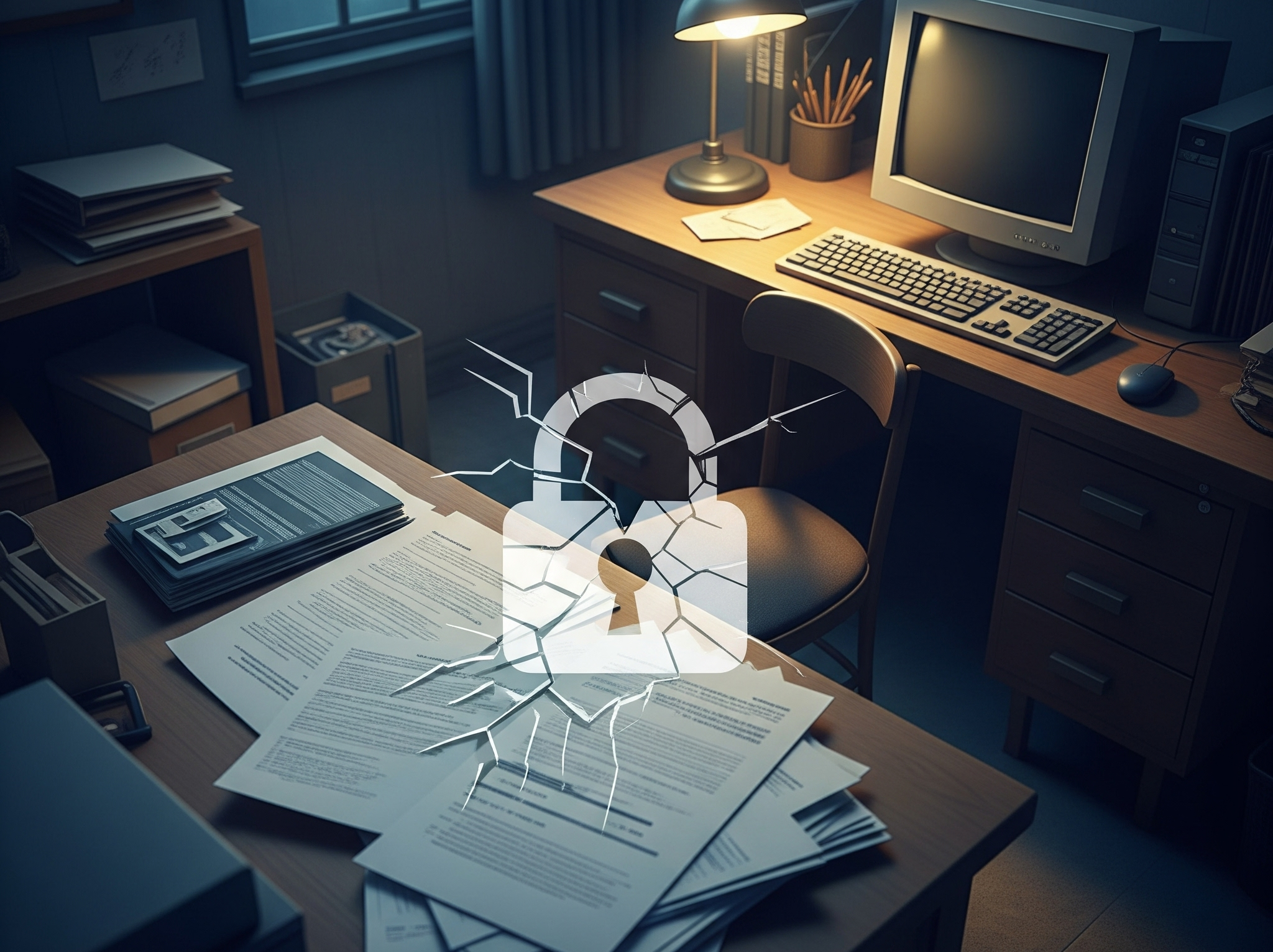 A cracked digital padlock over financial documents on an office desk, symbolizing ransomware and data vulnerability in small financial businesses.