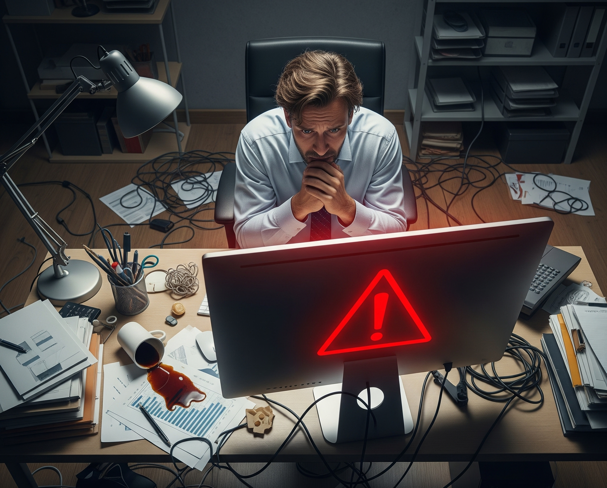 An overhead view of a stressed business owner at a messy desk with an urgent red warning sign on the computer screen, symbolizing a cyber crisis without an incident response plan.