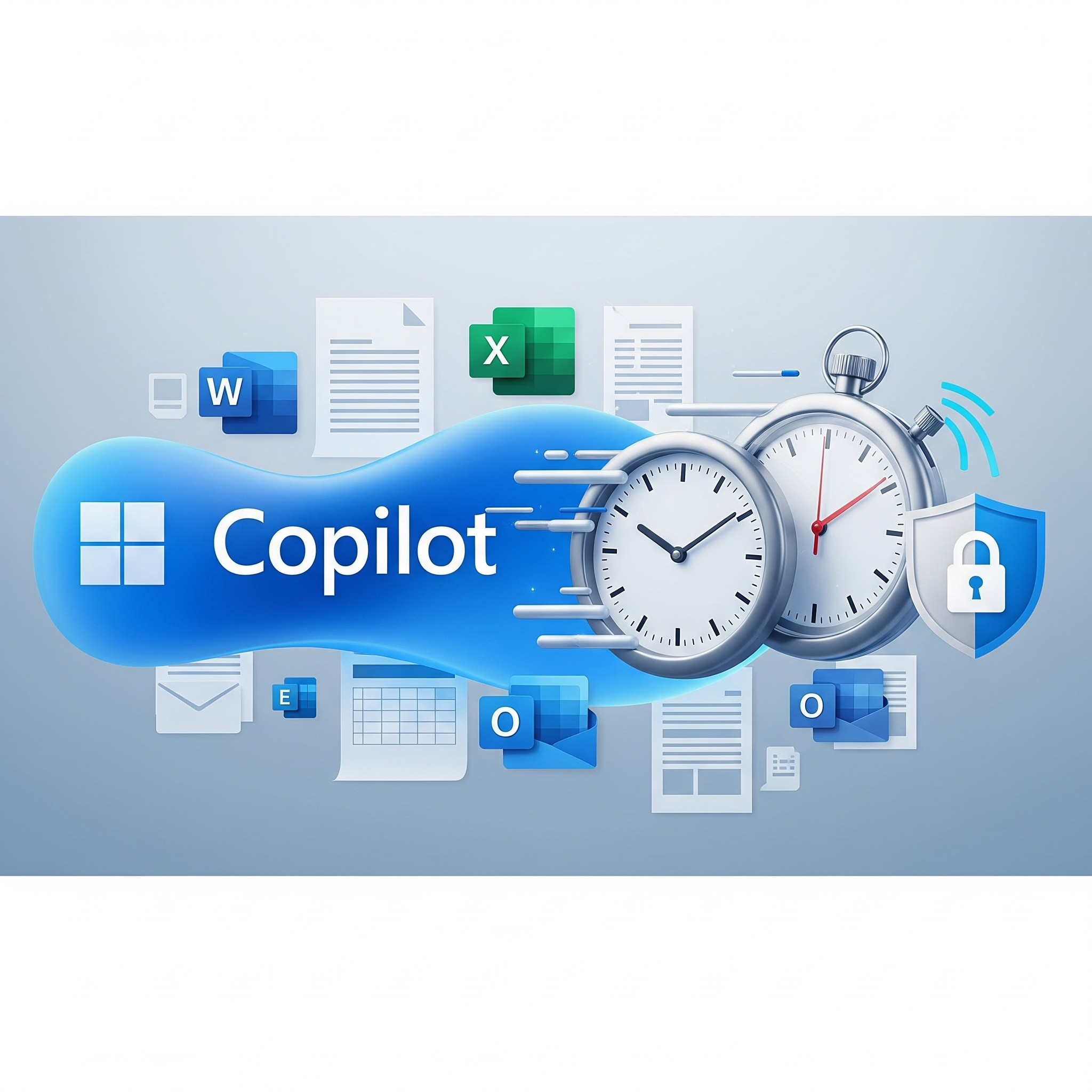 A visual representation of microsoft copilot with microsoft 365 app icons, a stopwatch, and a security shield, symbolizing secure productivity and time-saving for businesses.