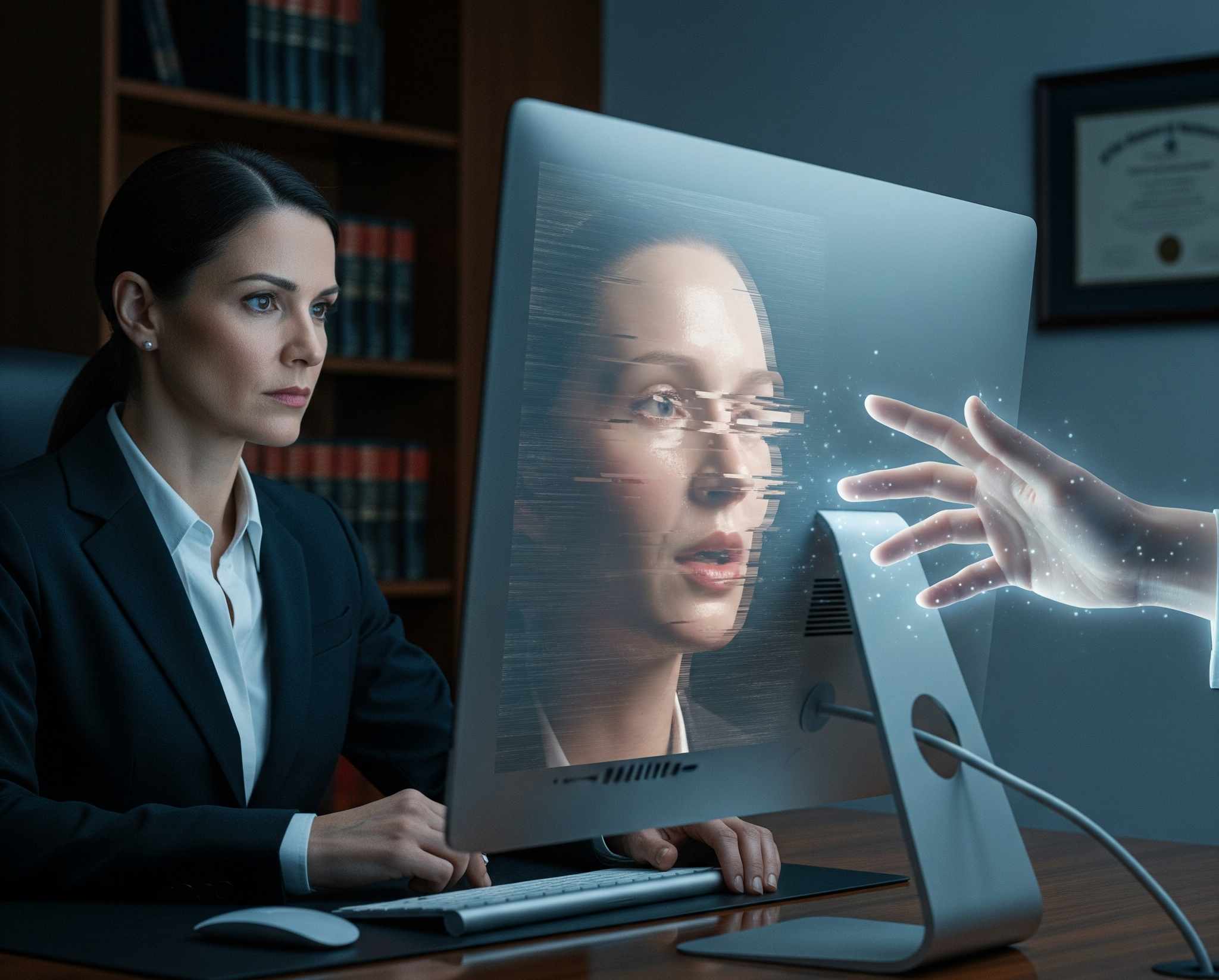 An image of a woman in a law firm office looking at a computer screen that shows a distorted deepfake face and a glowing hand reaching out, symbolizing a social engineering scam.