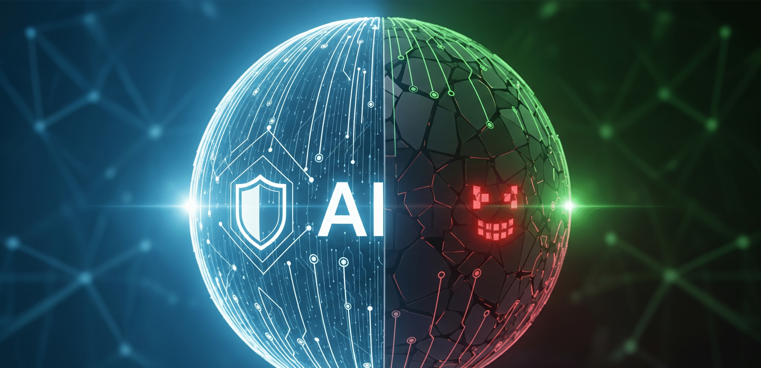 A professional image illustrating the dual nature of ai in cybersecurity, with a digital sphere split between a bright, secure side with a shield icon and a dark, chaotic side with a menacing symbol.