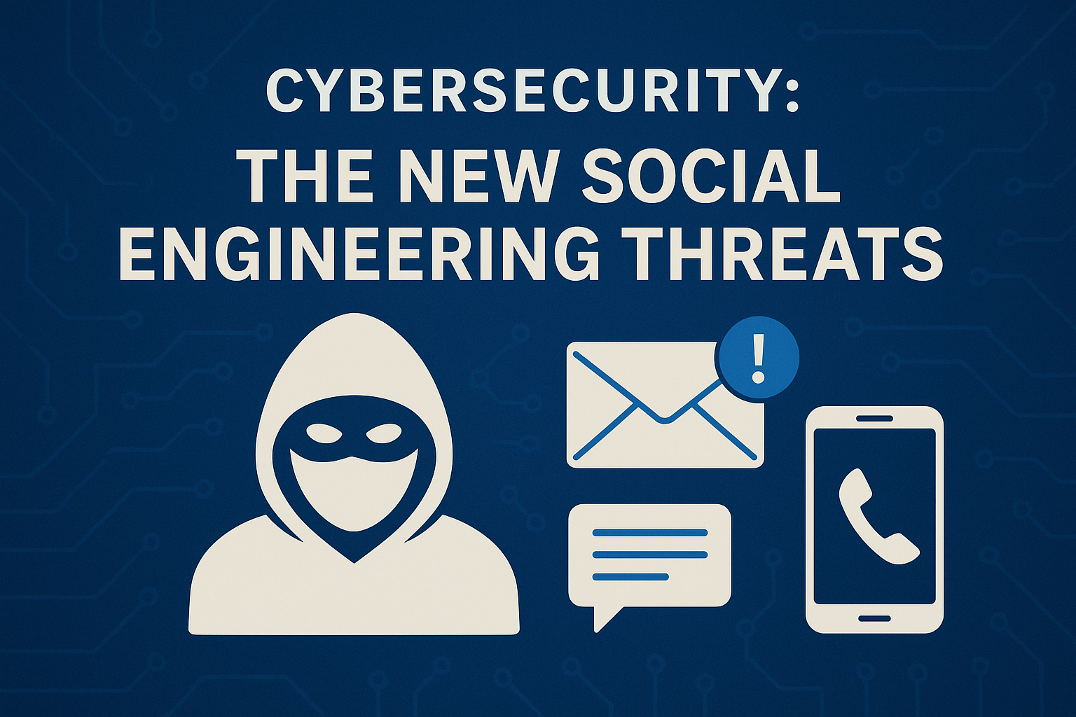 A digital graphic showing a hooded figure icon with email, chat, and phone symbols, highlighting the rise of new social engineering threats in cybersecurity.