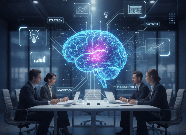 A group of business leaders in a boardroom, with a glowing digital brain and connected data points representing strategy, growth, and productivity, symbolizing AI prompts for leadership.