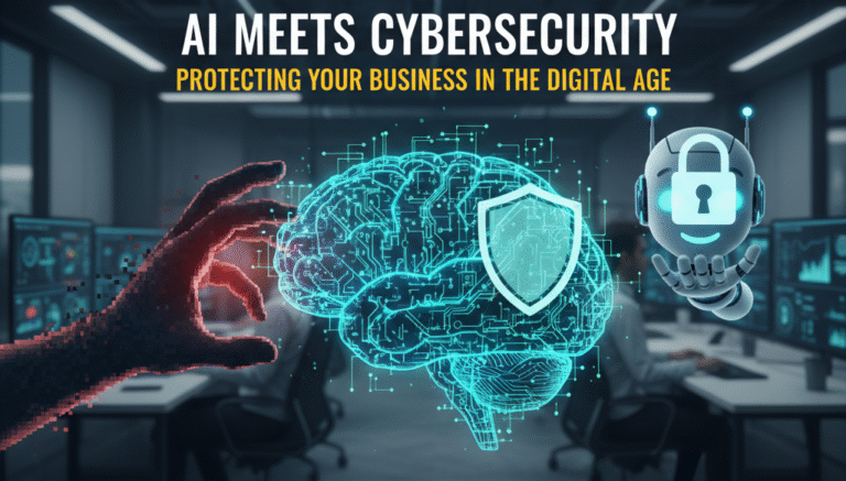 Digital brain with circuit patterns, a cyber shield, and a robotic hand holding a padlock, contrasting with a pixelated, threat-like hand, symbolizing AI-powered cybersecurity against digital risks.