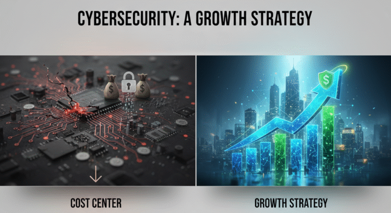 A split image contrasting cybersecurity as a cost center (broken circuit board with money bags) versus a business growth strategy (city skyline with ascending arrow and dollar signs), illustrating how cybersecurity drives higher valuations and competitive advantage.