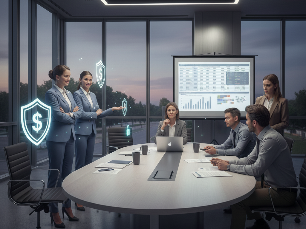 Two business teams in a small conference room, one confident team presenting with subtle cybersecurity icons (shield with dollar sign, lock) highlighting their strategic advantage, while the other team and client observe.