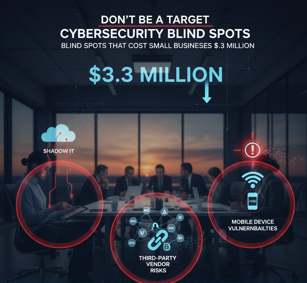 Cybersecurity blind spots graphic showing shadow it, third-party vendor risks, and mobile device vulnerabilities leading to a $3. 3 million breach cost for a small business.