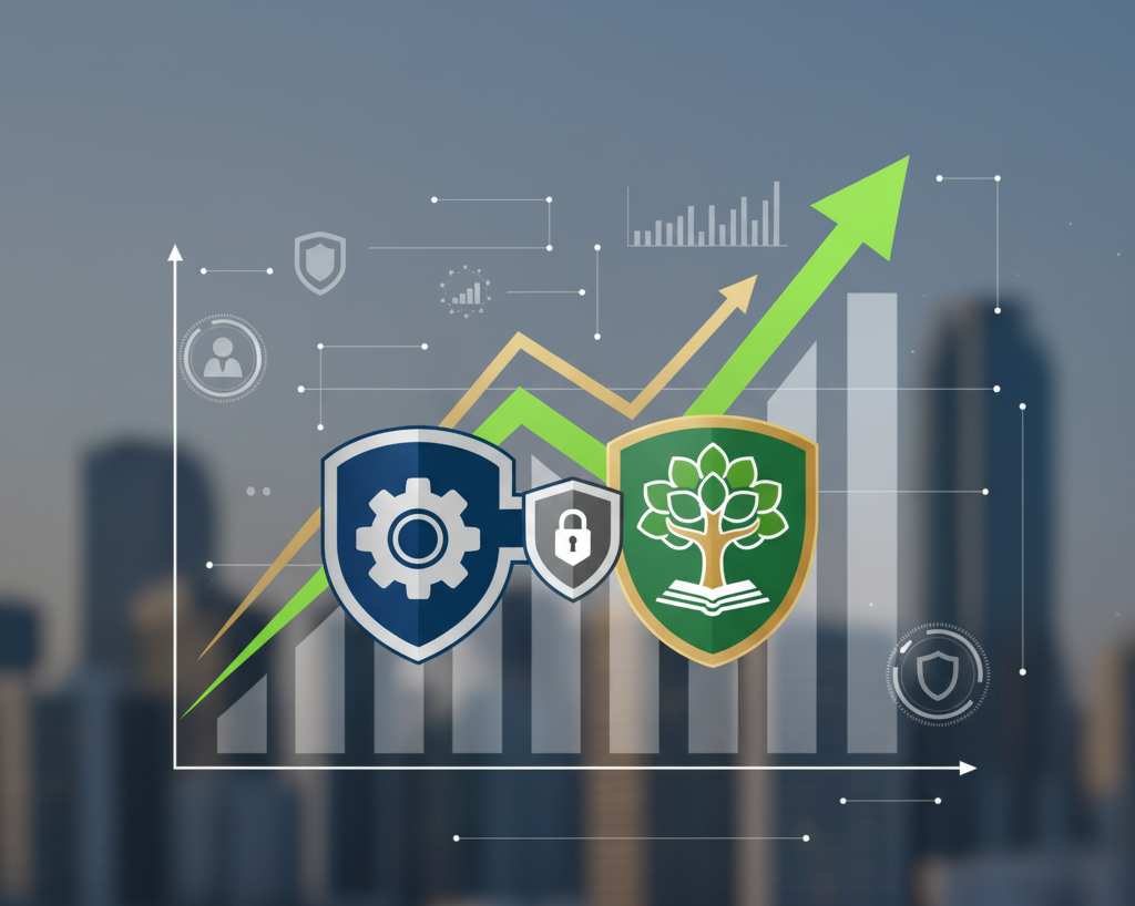 Stylized graphic of two merging business shields (one with a gear, one with a tree/book) protected by a small lock icon, overlaid on a financial graph with a large upward-trending arrow, set against a blurred city background, symbolizing increased value through secure business acquisition for smbs.