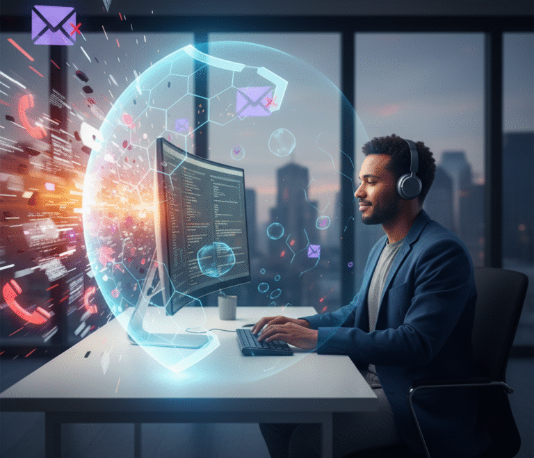 Layered cybersecurity protection blocks email spam, robocalls, and junk texts, saving a small business employee hours of lost productivity.