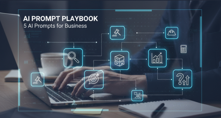AI prompts for business showing a professional using a laptop with interconnected icons representing legal, construction, accounting, data, and problem-solving tasks, illustrating the article's focus on an AI prompt playbook for business owners.